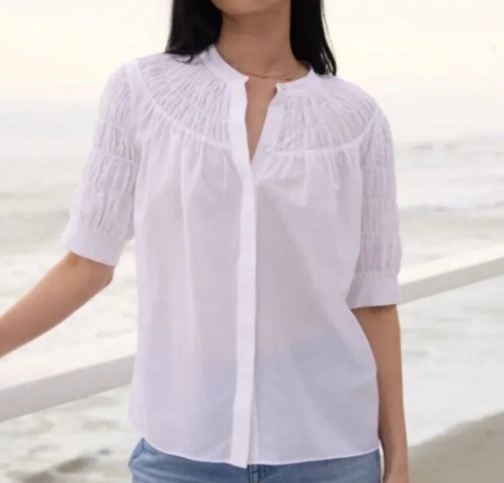 AYR Love Spell Shirred High Neck Elbow Length Cotton Silk Top Blouse White Small